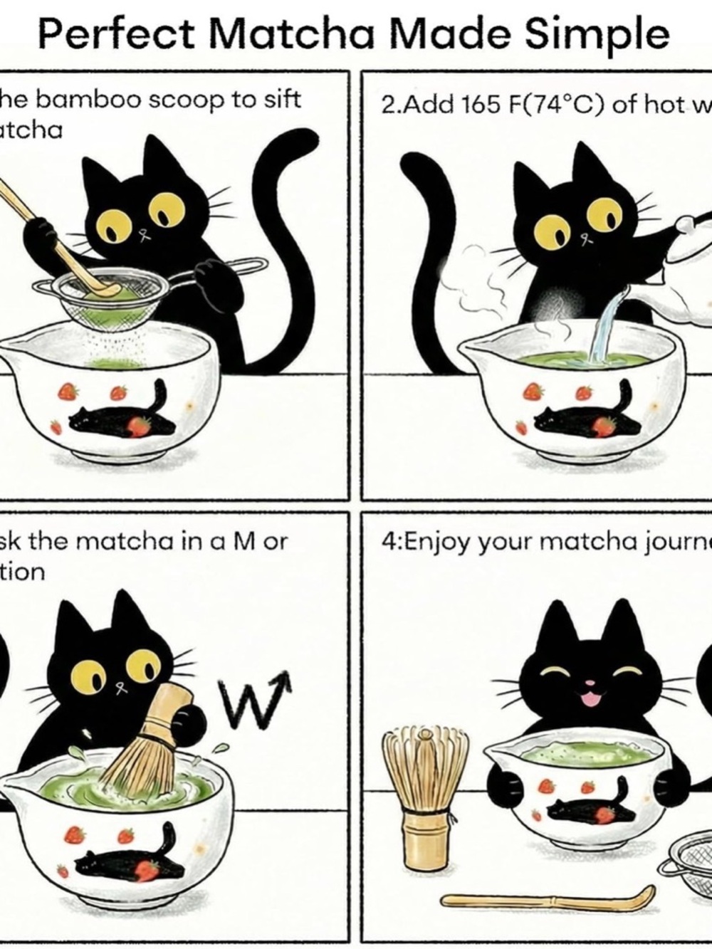 Cute Matcha Whisk Set with Cat and Strawberry Pattern Matt Matcha Bowl - Picture 7 of 10
